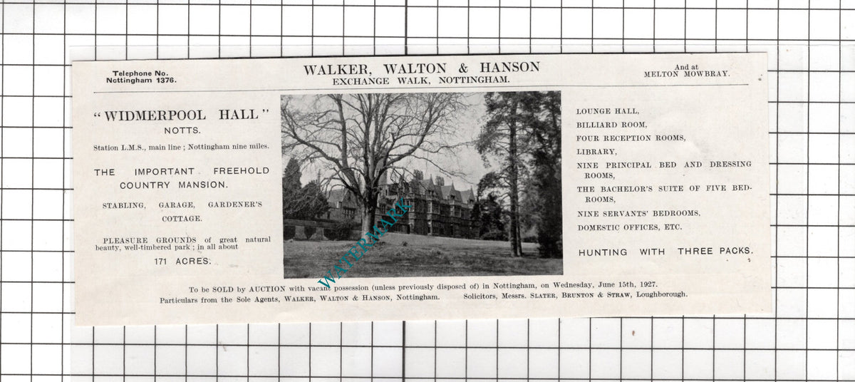 Widmerpool Hall Nottinghamshire - 1927 House Sale Advert