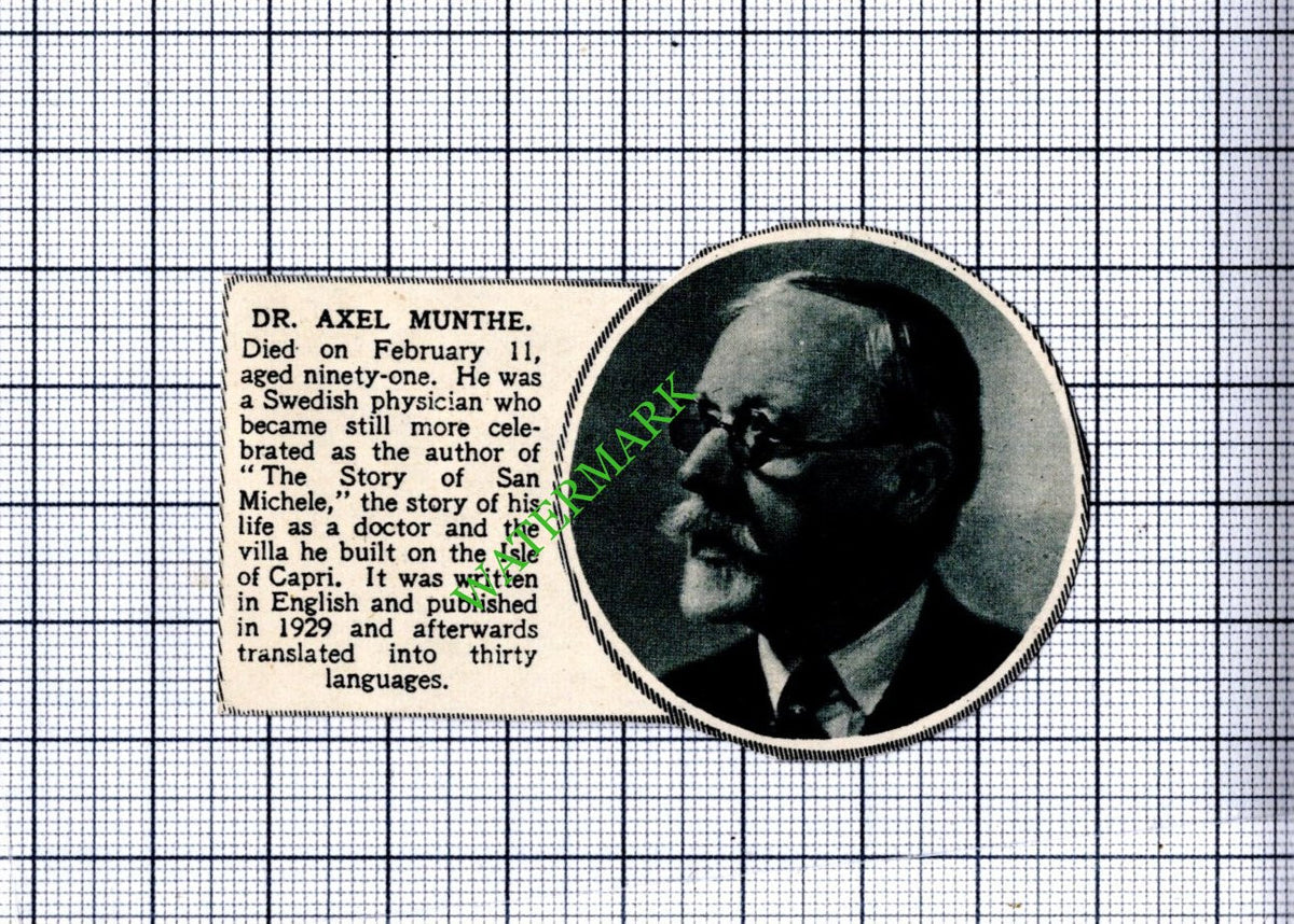 Dr Axel Munthe Obituary - 1949 SMALL Cutting