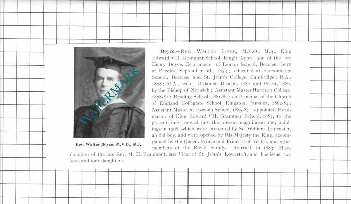 Rev Walter Boyce King Edward VII Grammar School King's Lynn - 1911 Clipping