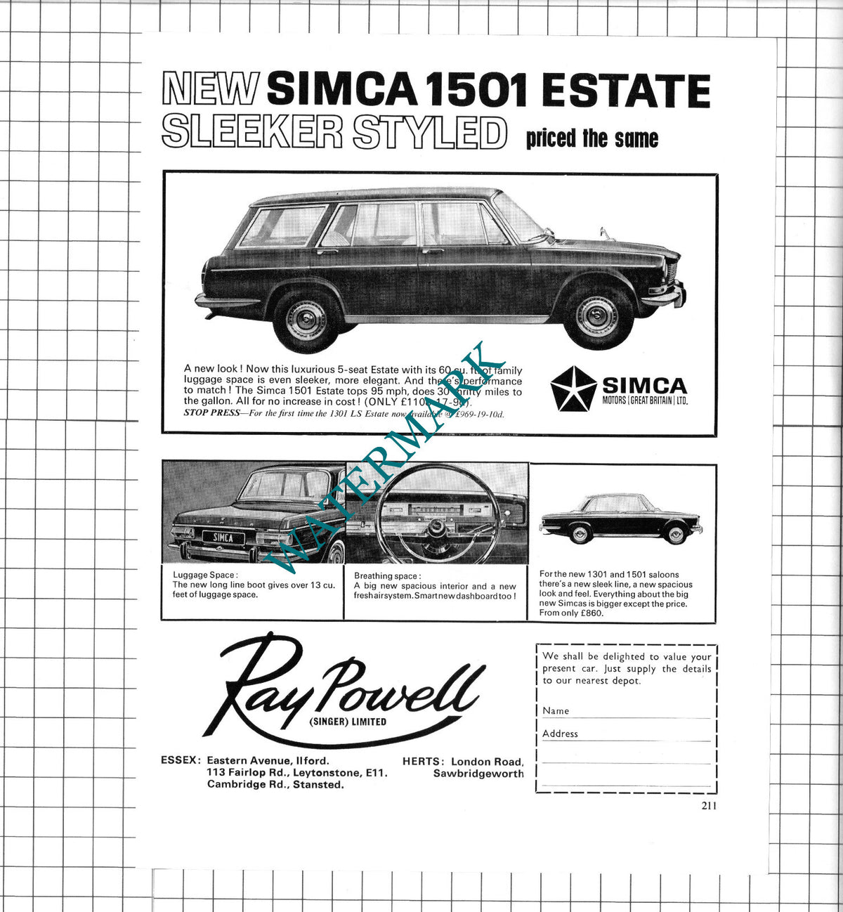 Simca 1501 Estate Ray Powell Ilford Essex Car Advert - 1967 Clipping