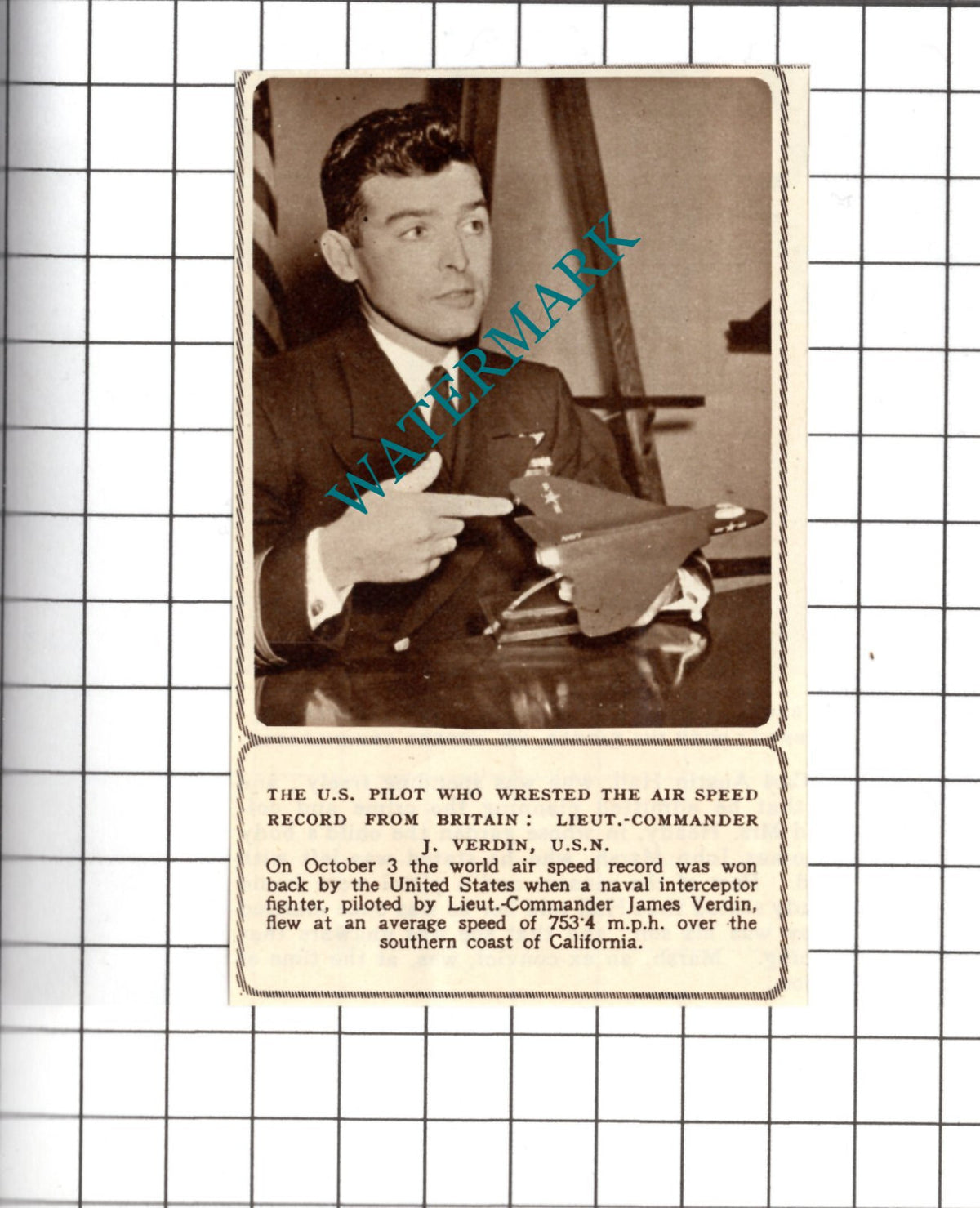 Lt Comm James Verdin Air Speed Record - 1953 Small Cutting