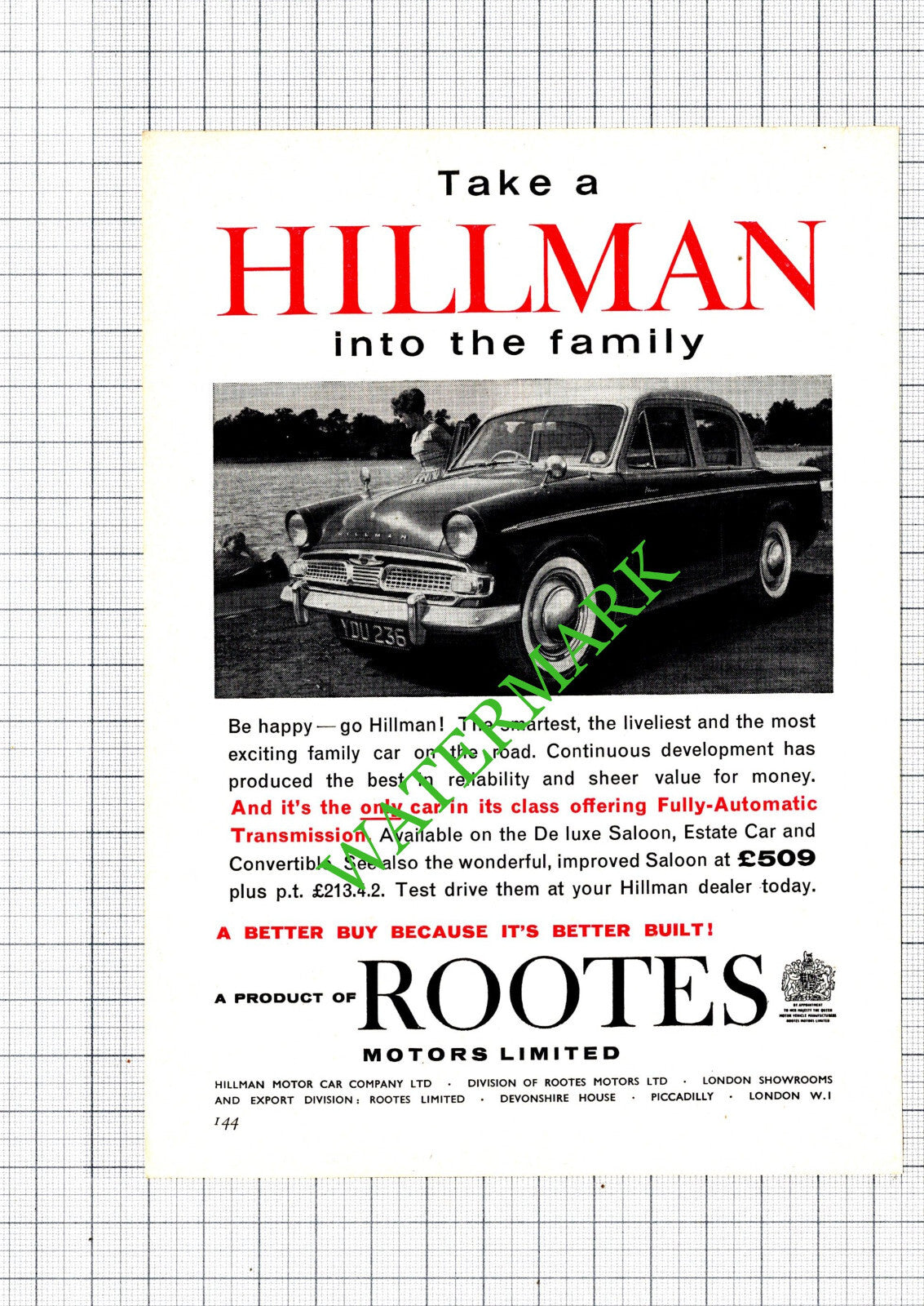 Hillman Car Rootes Motors Small Advert - 1961 Cutting