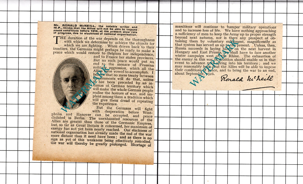 Mr Ronald McNeill Writer Great War - c.1915 Two-Part Clipping / Print