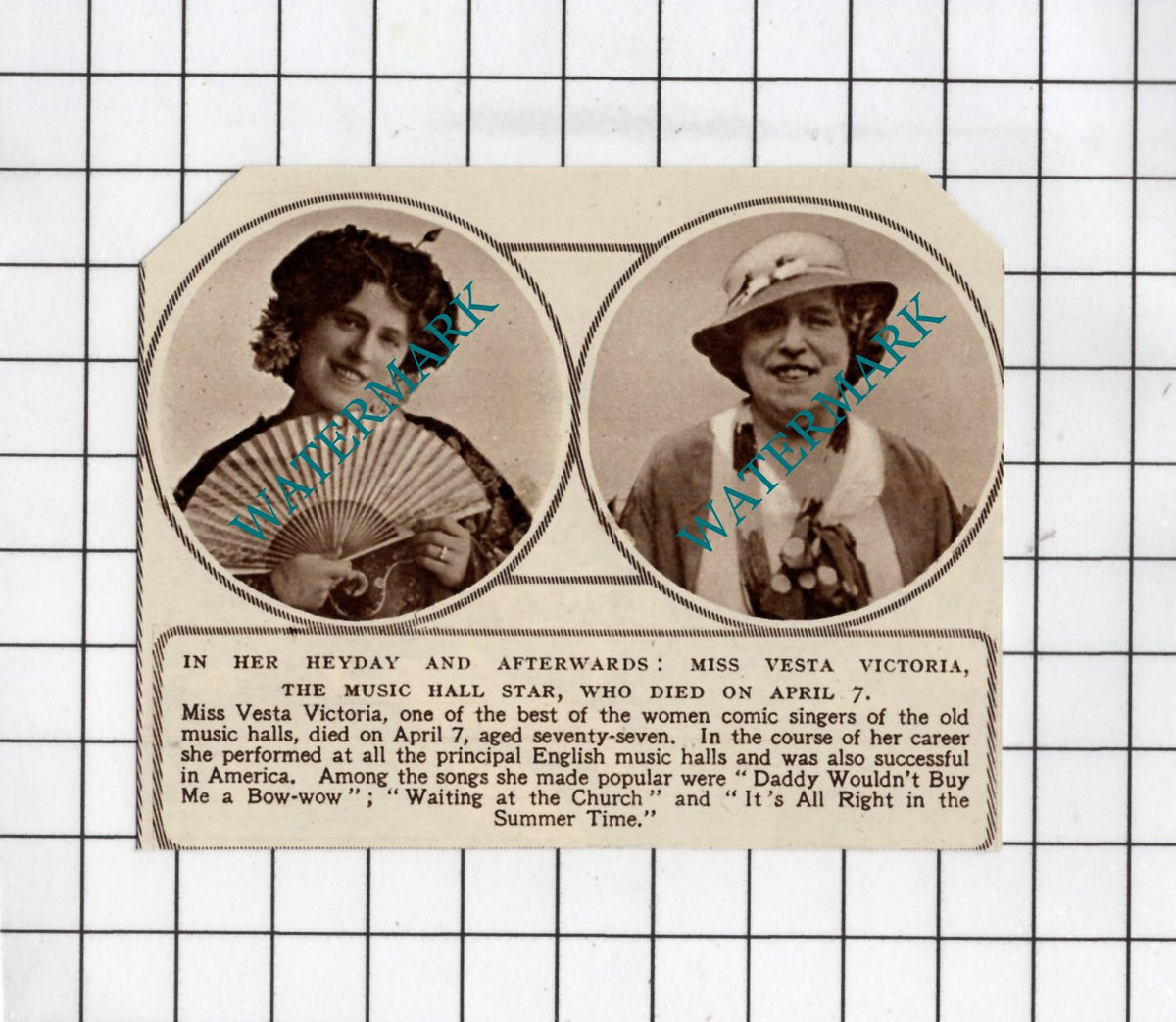 Miss Vesta Victoria Music Hall Singer Obituary - 1951 SMALL Clipping