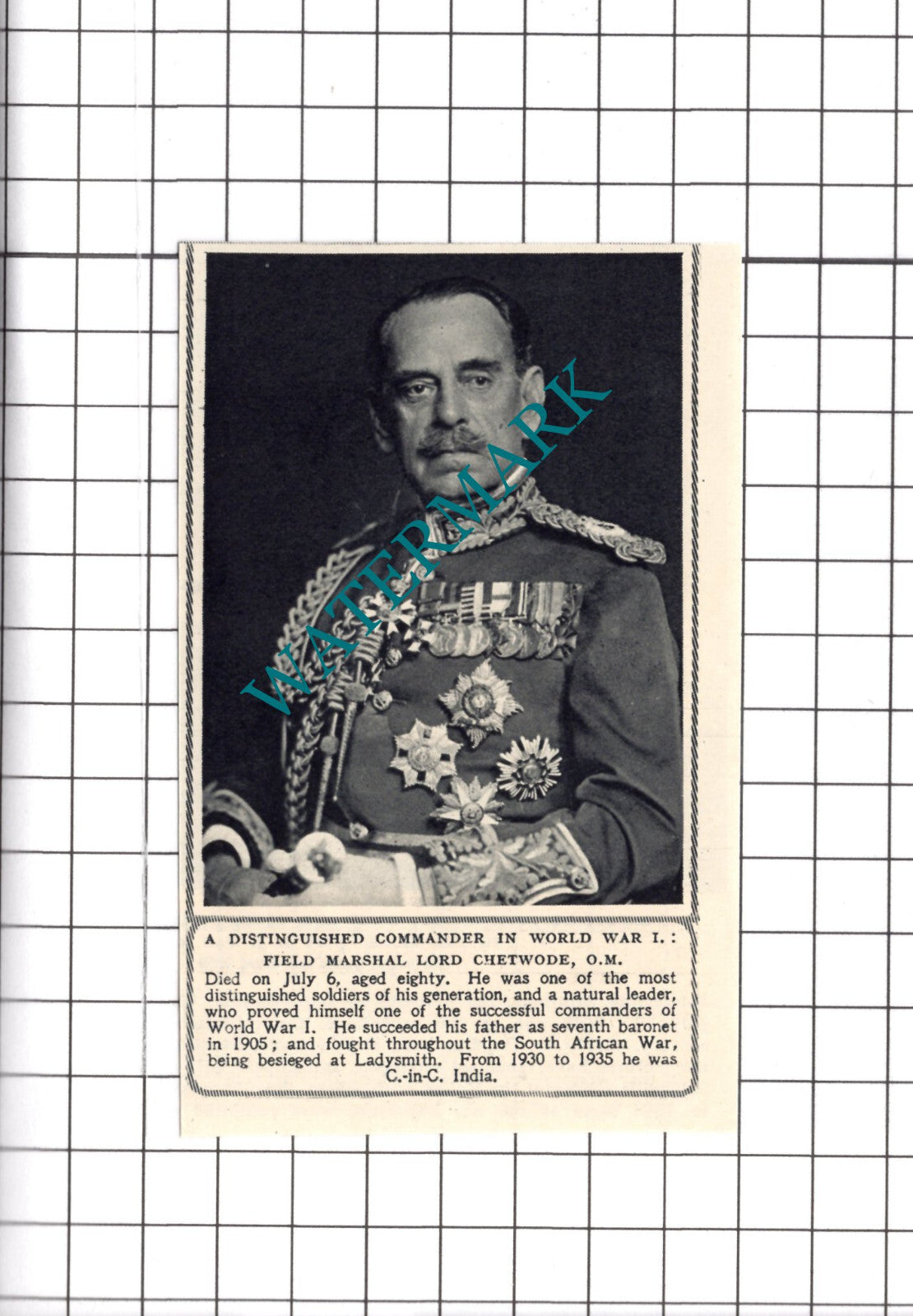 Field Marshal Lord Chetwode - 1950 Small Clipping