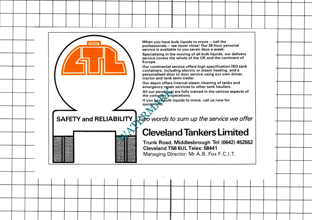 Cleveland Tankers Ltd Middlebrough Mr A B Fox Advert - c.1980 Cutting / Print
