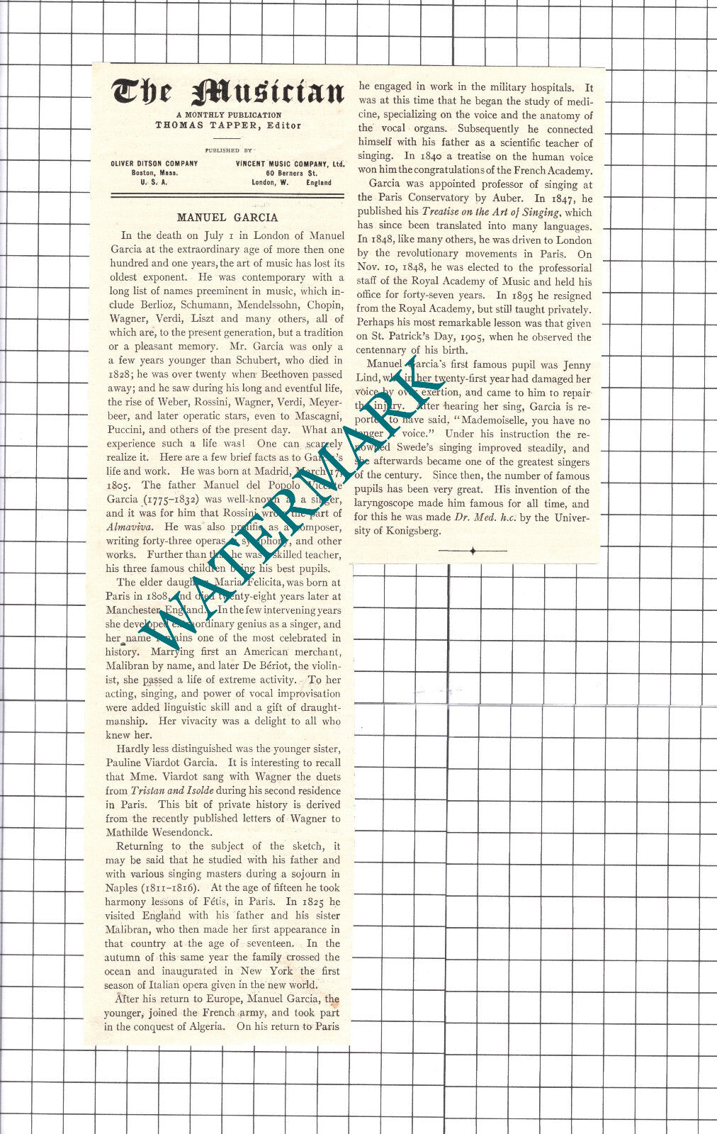 Manuel Garcia Obituary - 1906 Clipping / Print
