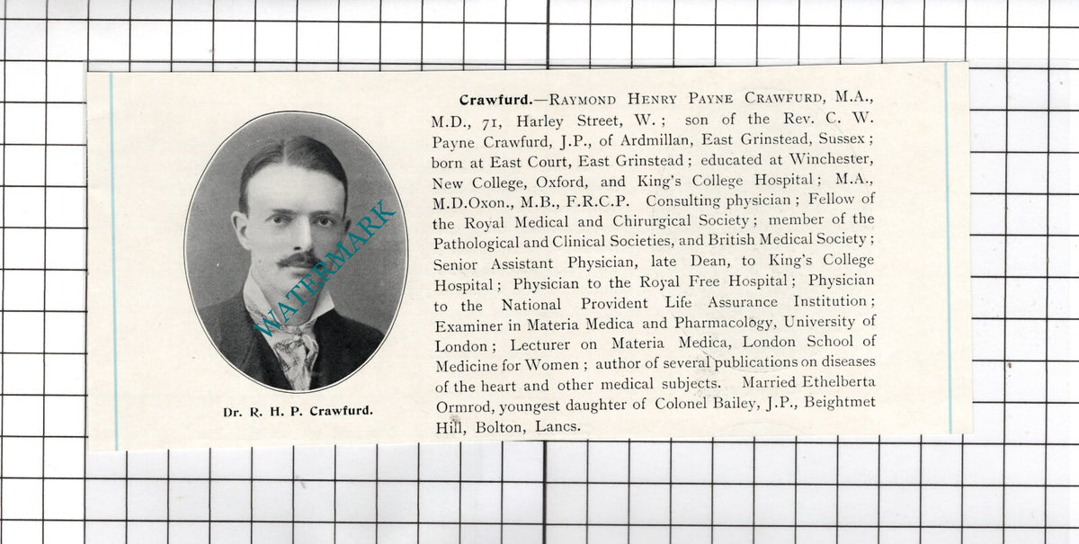 Dr Raymond Henry Payne Crawfurd - c.1910 Cutting