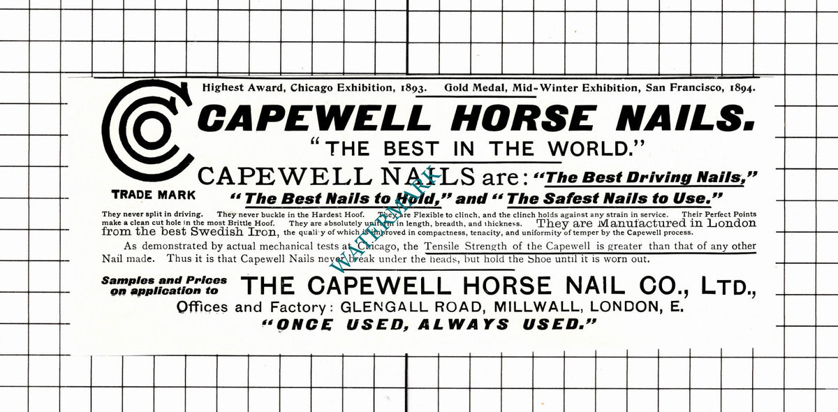Capewell Horse Nail Co Ltd Millwall London - 1897 Advert