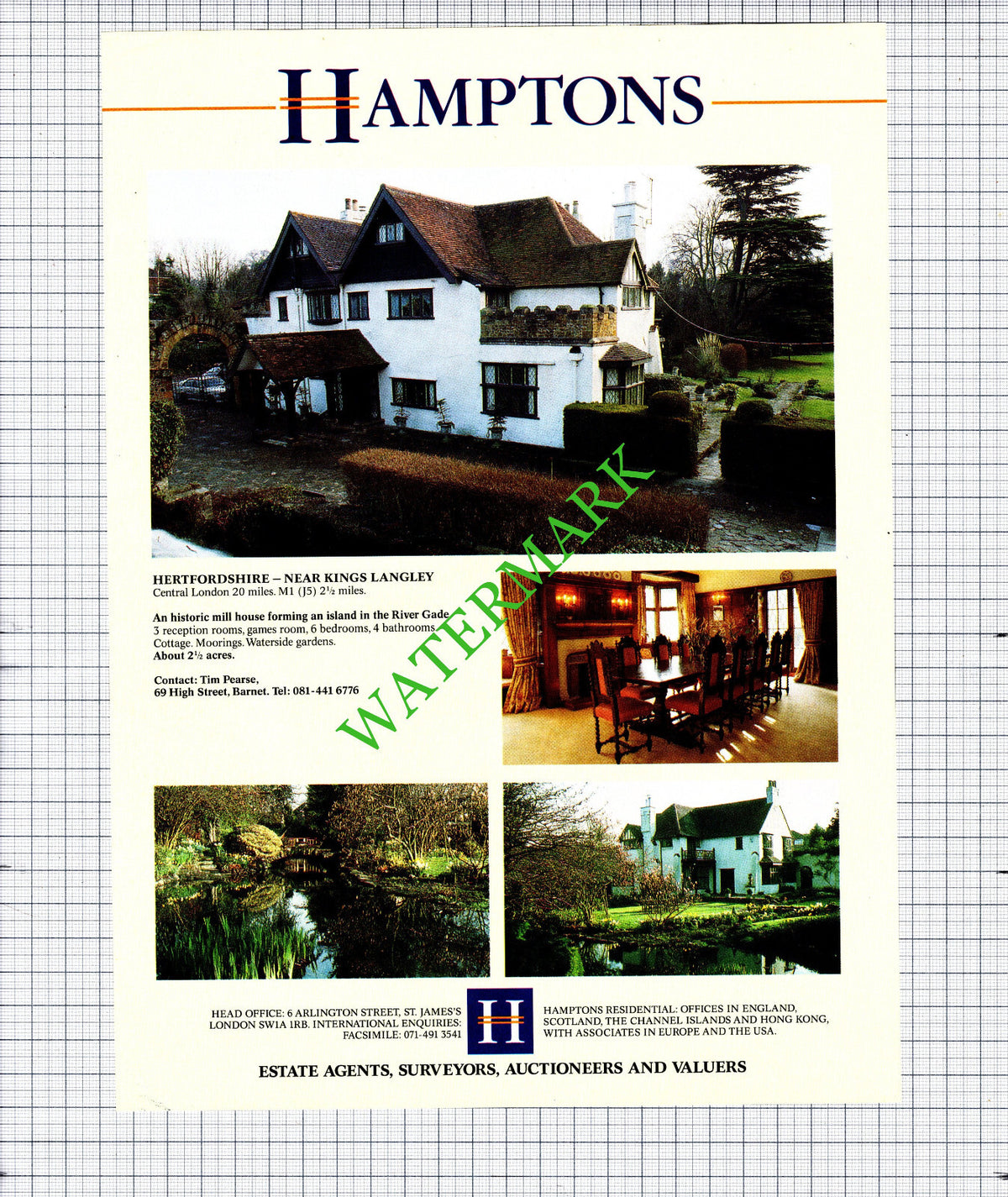 King's Langley Hertfordshire Mill House River Gade Sale Advert - 1991 Cutting