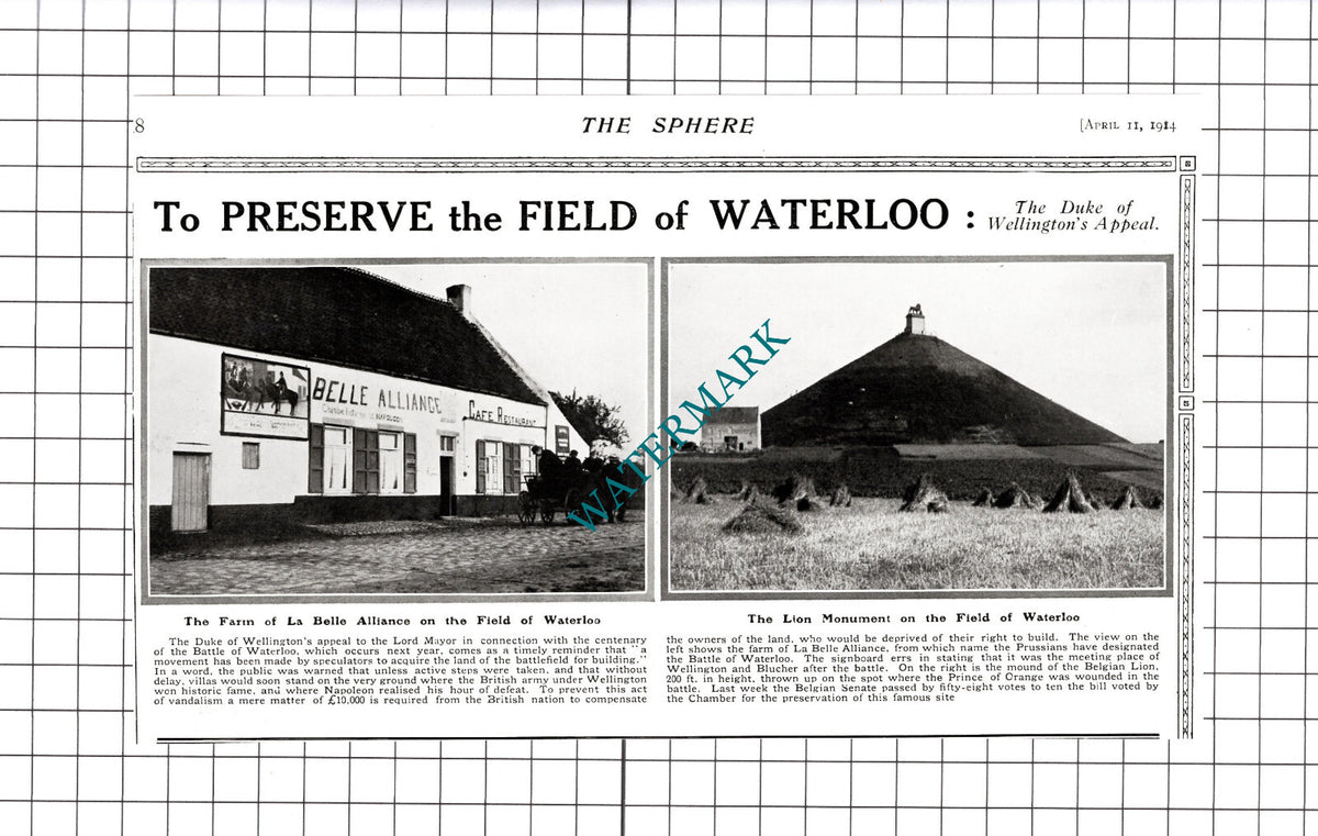 Battle Of Waterloo Farm Of La Belle Alliance Duke Of Wellington -1914 Cutting