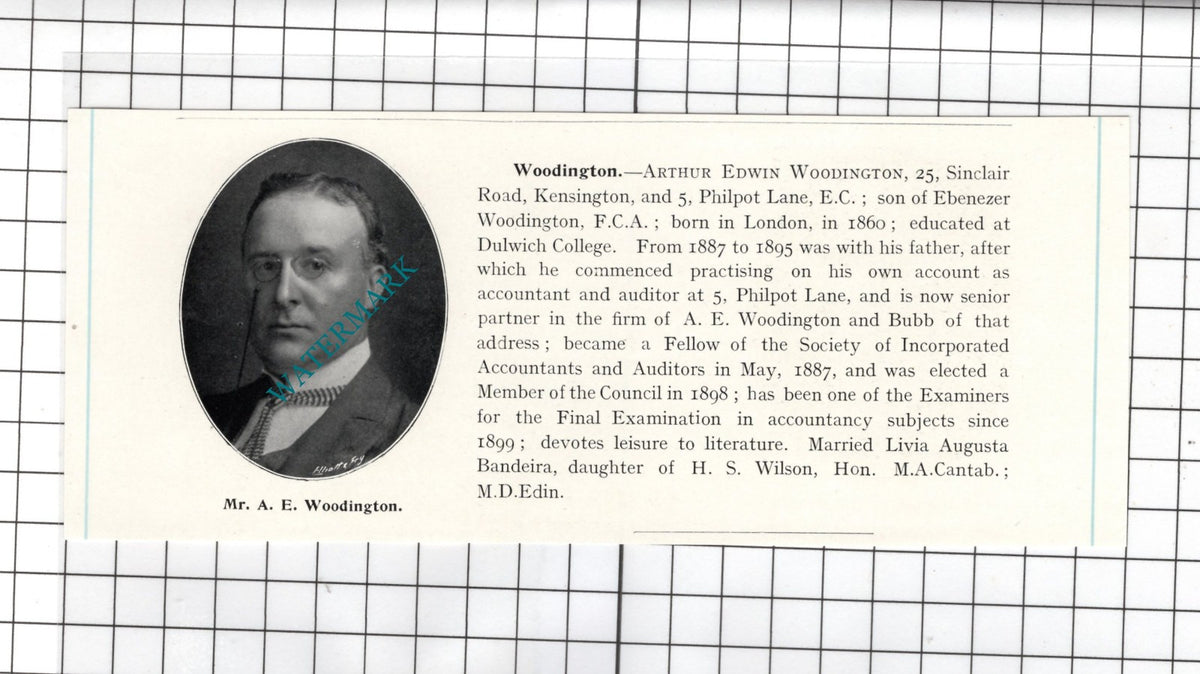Mr Arthur Edwin Woodington A E Woodington and Bubb - c.1905 Clipping