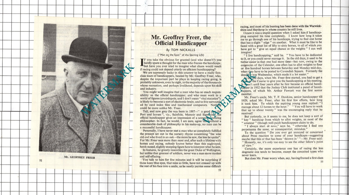 Mr Geoffrey Freer Horse Racing - 1962 Small Article