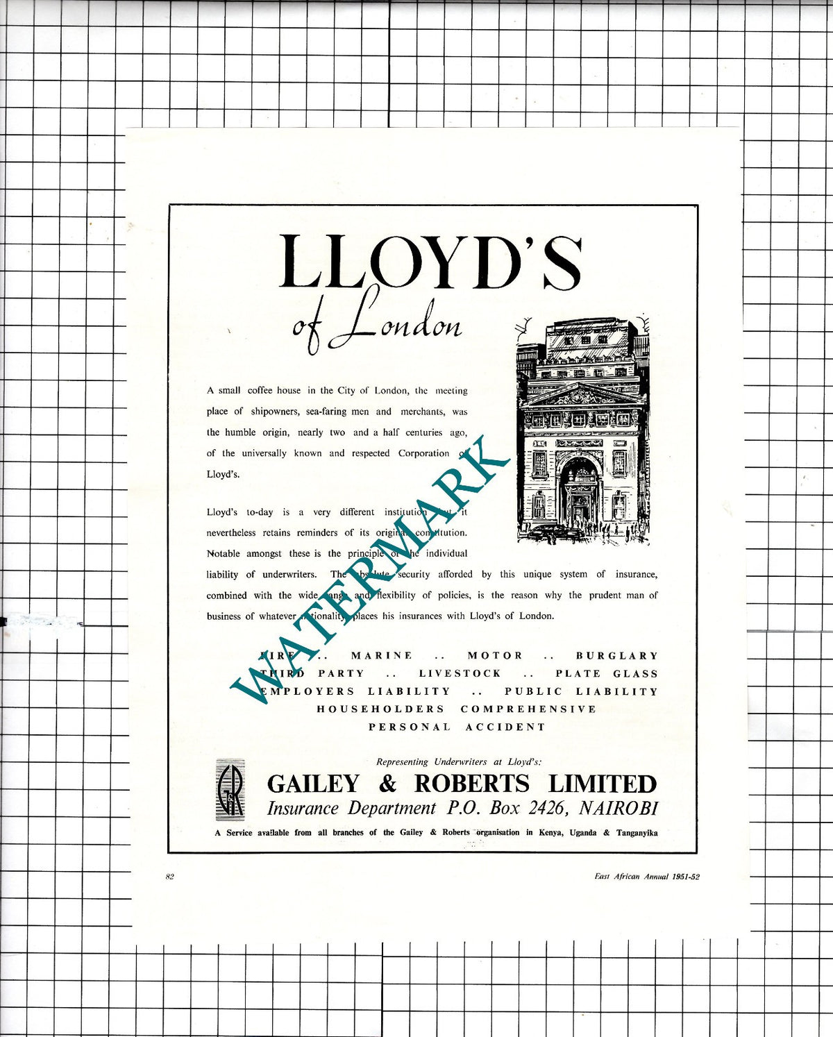 Lloyds Of London Gailey & Roberts Ltd Nairobi East Africa - 1951 Advert