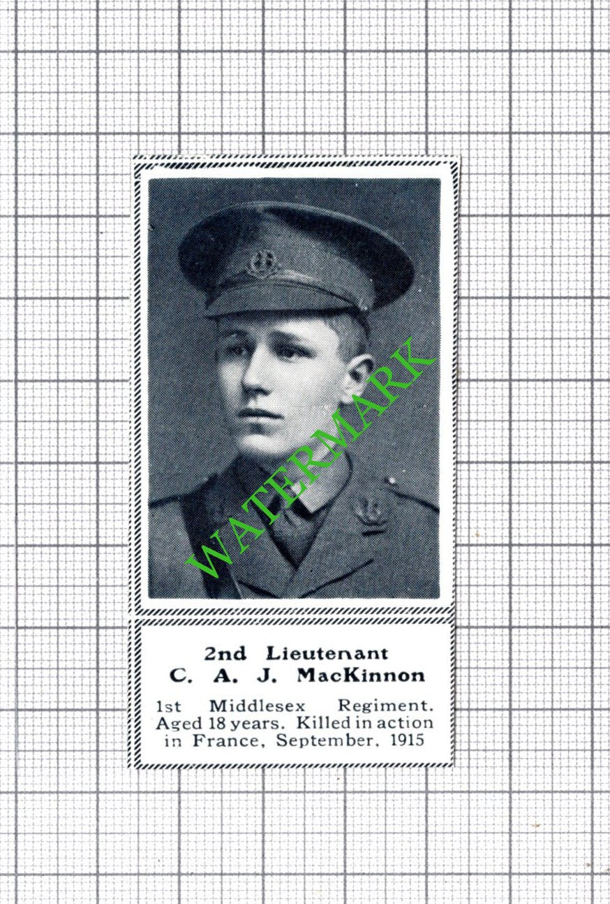 2nd Lt CAJ MacKinnon 1st Middlesex Regiment WW1 - c.1918 SMALL Cutting