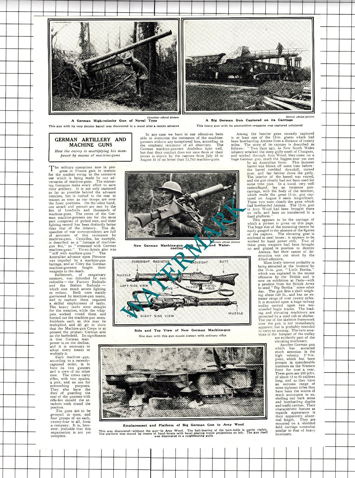 German Artillery and Machine Guns World War One - 1918 Cutting/ Article
