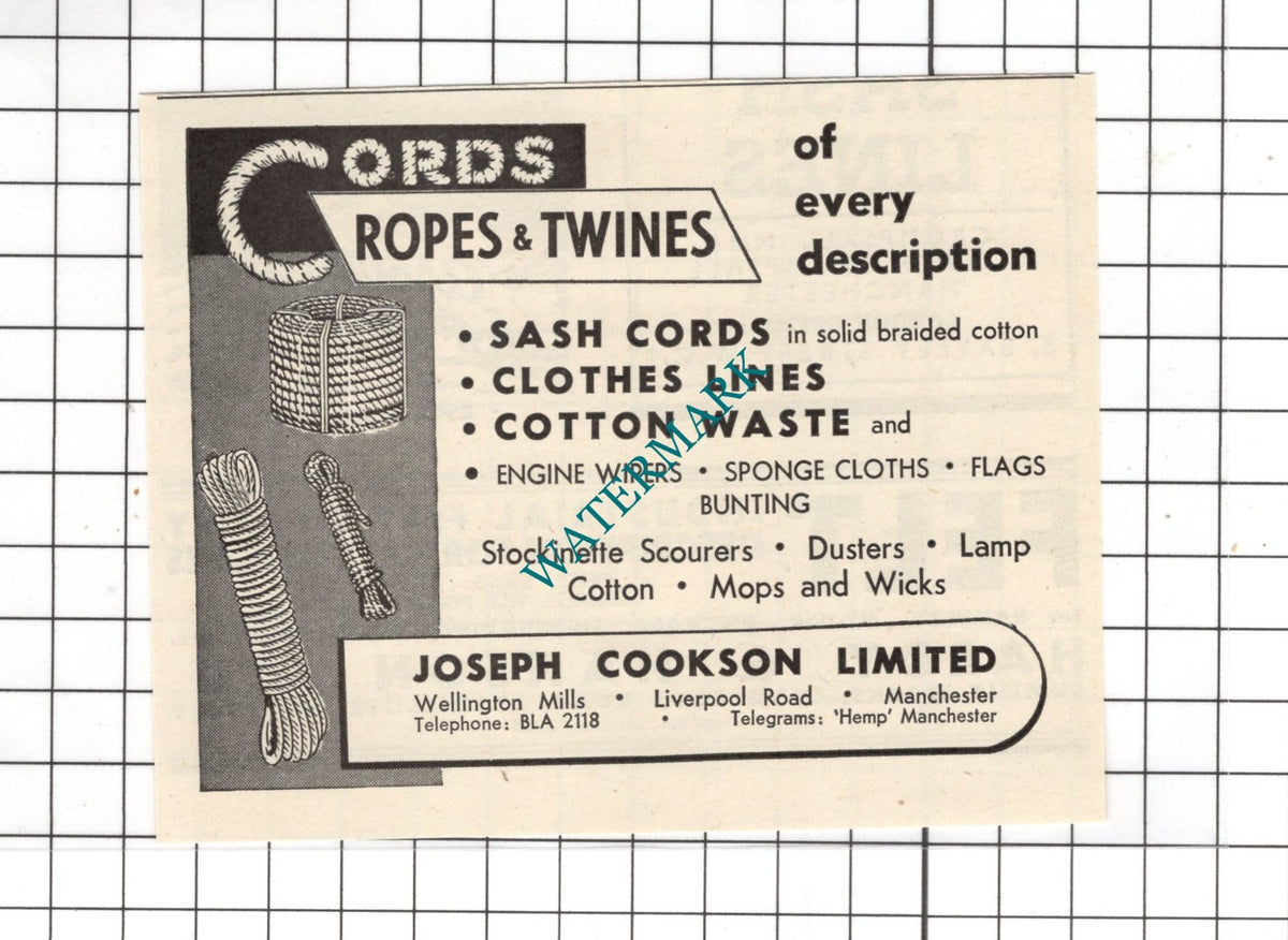 Joseph Cookson Ltd Wellington Mills Manchester - 1954 Small ADVERT