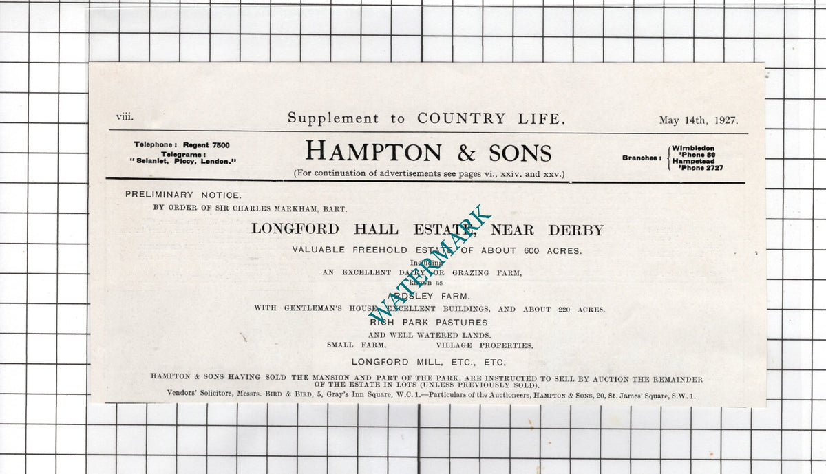 Longford Hall Estate Derby Sir Charles Markham - 1927 Sale Advert