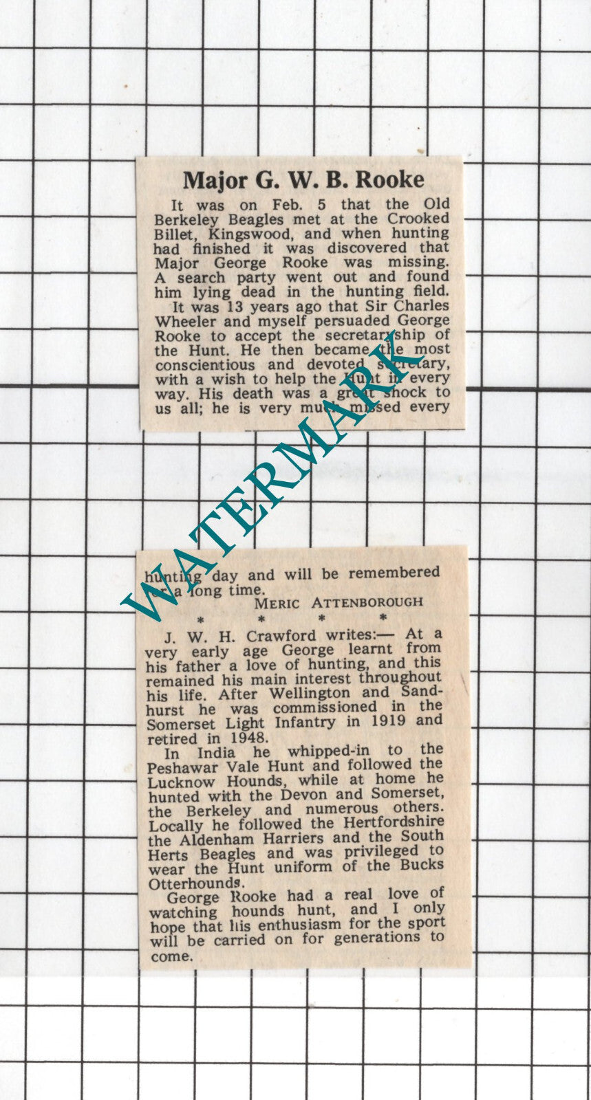 Major George Rooke Old Berkeley Beagles Obituary - 1969 Small Two-Part Cutting