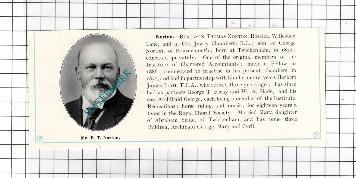 Mr Benjamin Thomas Norton Roselea Willesden Road London - c.1905 Clipping