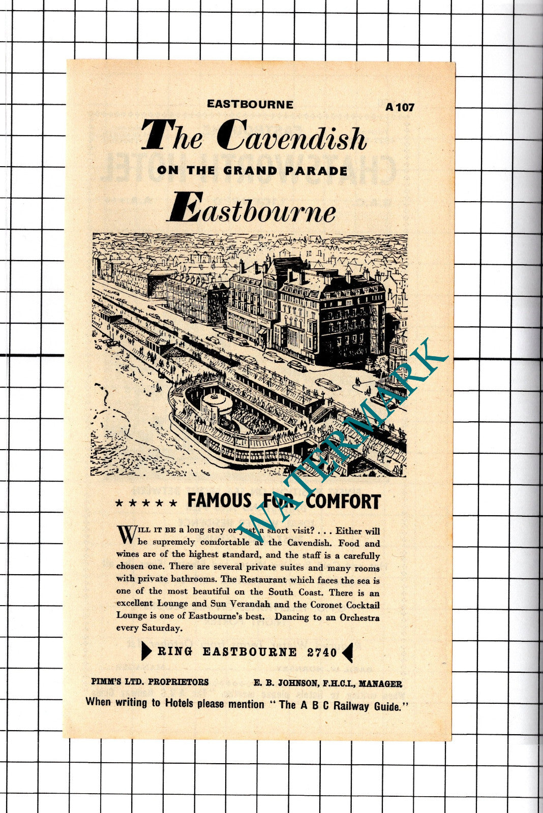 Chatsworth Hotel Eastbourne Basil Hornsby / The Cavendish Advert - 1958 Cutting