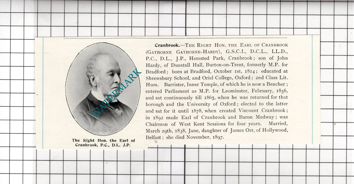 The Right Hon The Earl Of Cranbrook Gathorne Gathorne-Hardy - c.1905 Cutting