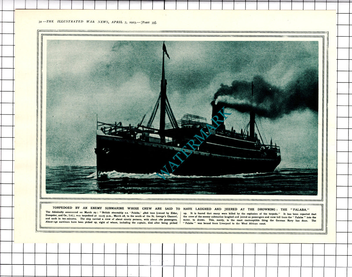 SS FALABA Ship British Steamship Elder Dempster WW1 - 1915 Clipping / Print