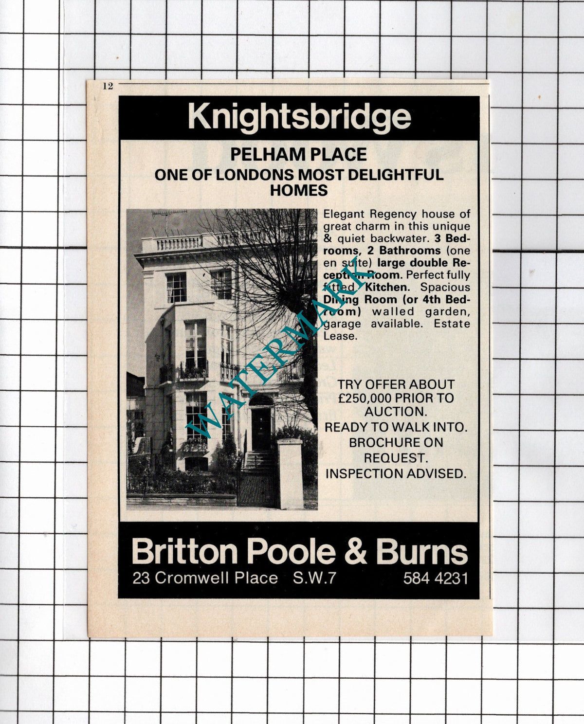 Pelham Place Knightsbridge London House Sale Advert - 1980 Clipping