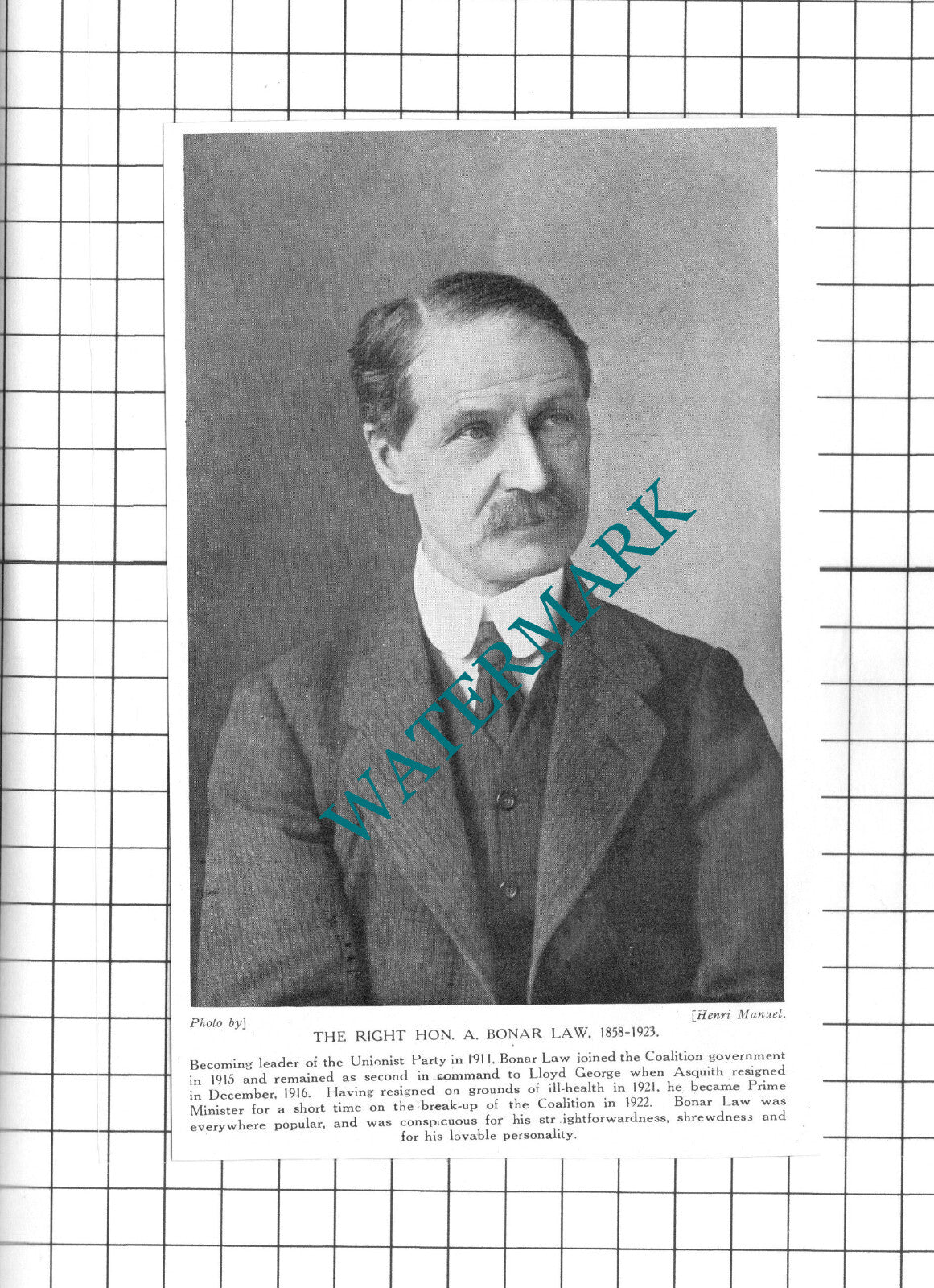 The Right Hon A Bonar Law - 1920's Clipping