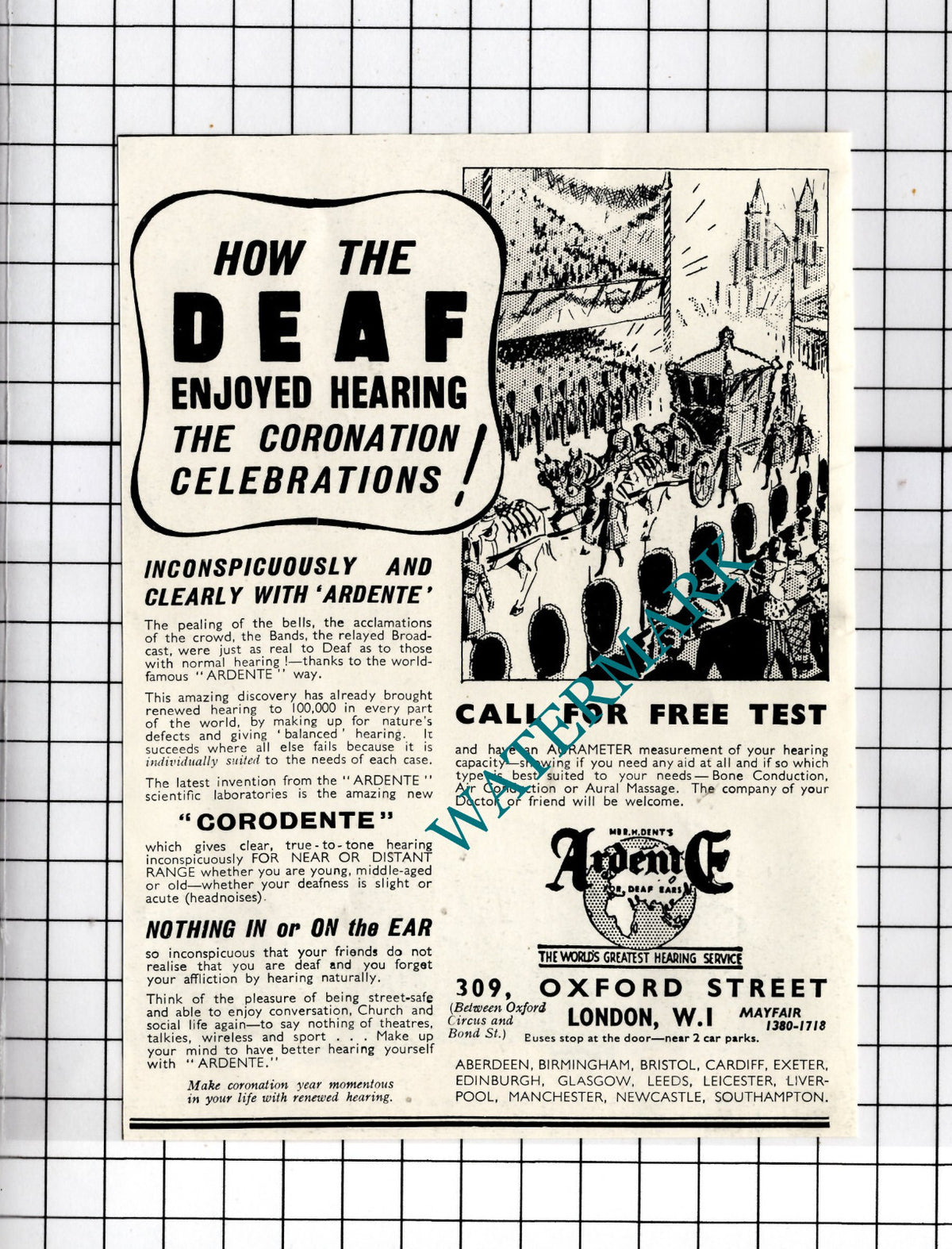 Ardente Hearing Service Small Advert - 1937 Cutting