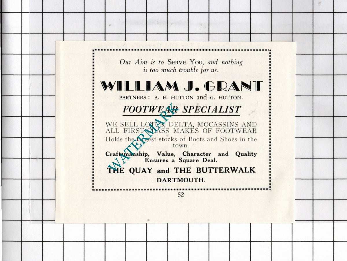 William J Grant Footwear Dartmouth Devon Hutton - c.1940's Small Advert