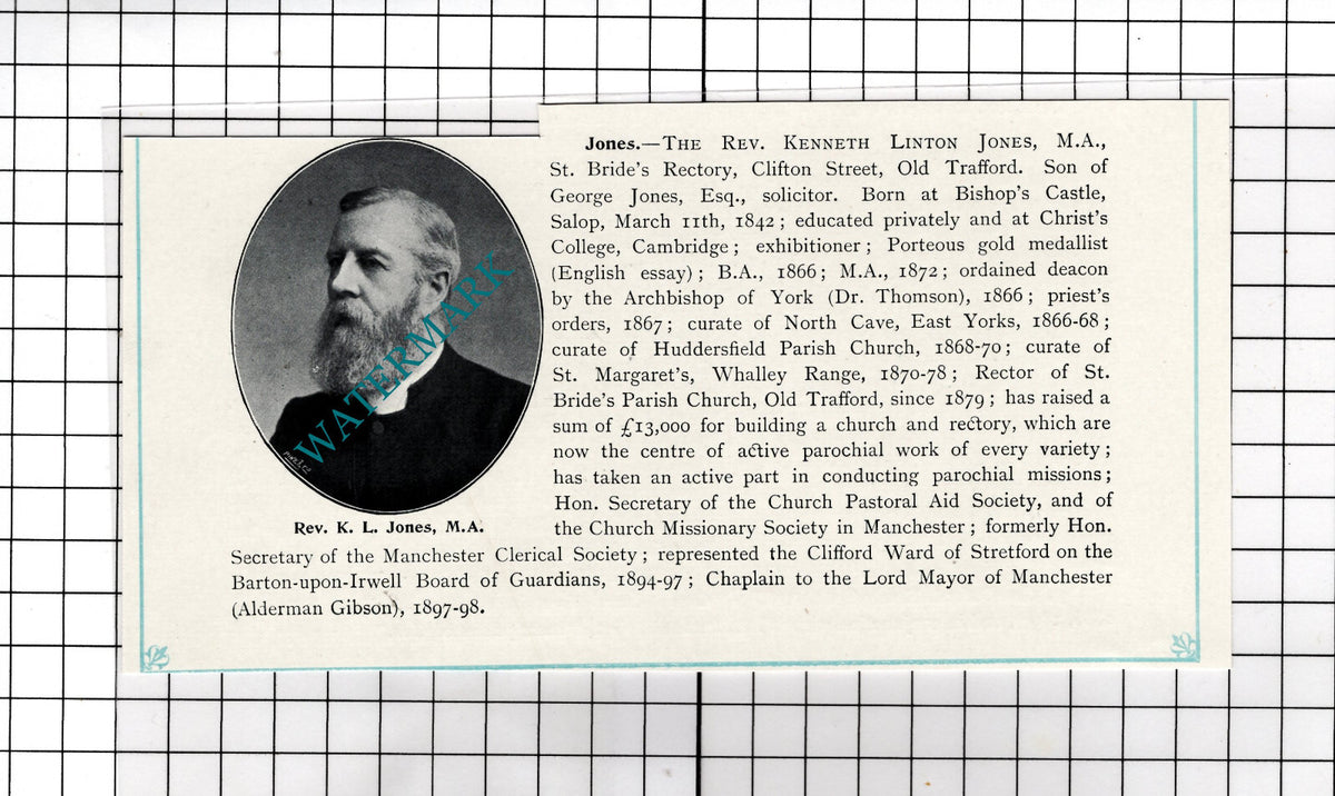 Rev Kenneth Linton Jones St Bride's Old Trafford Manchester - c.1900 Cutting
