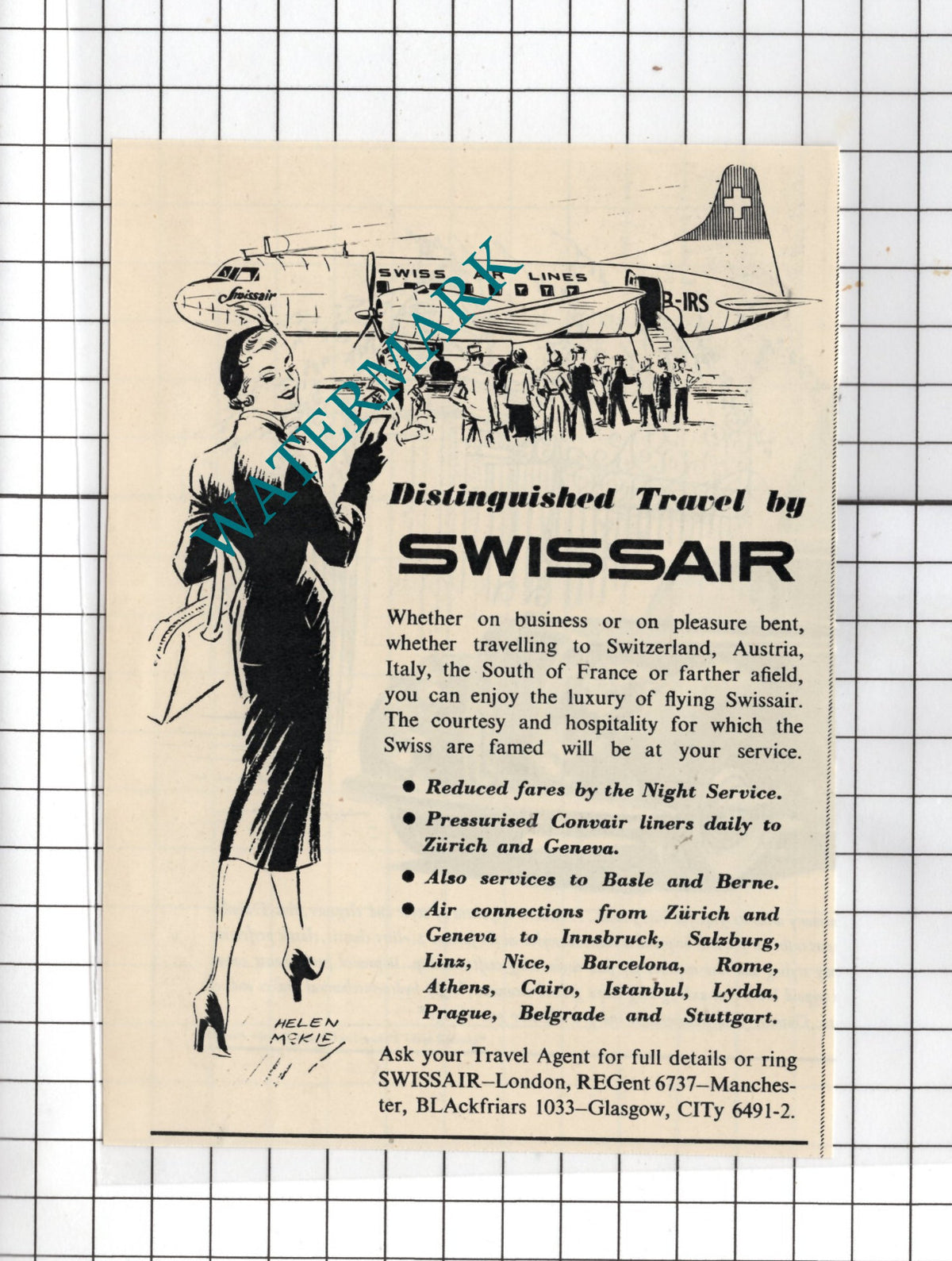Swissair Swiss Air Lines Advert - 1951 SMALL Clipping