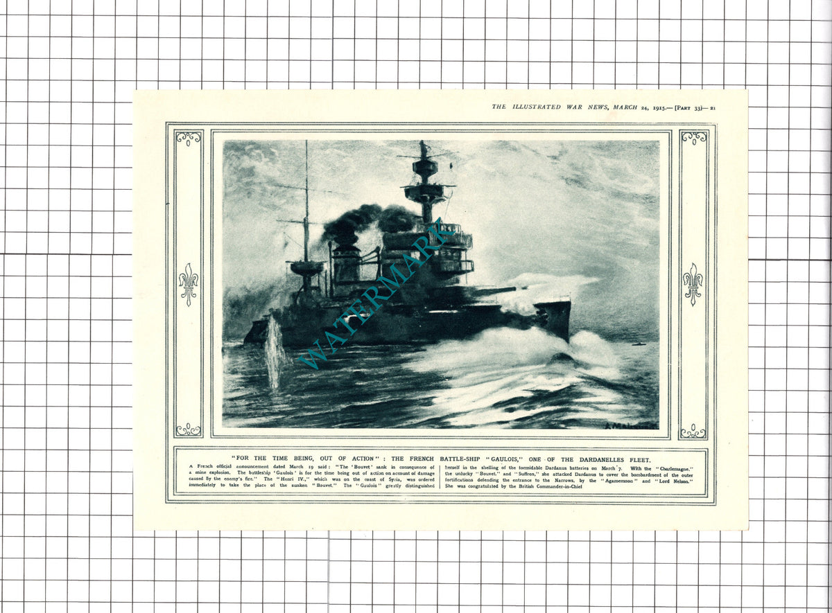 French Battle Ship GAULOIS WW1 Great War - 1915 Clipping / Print