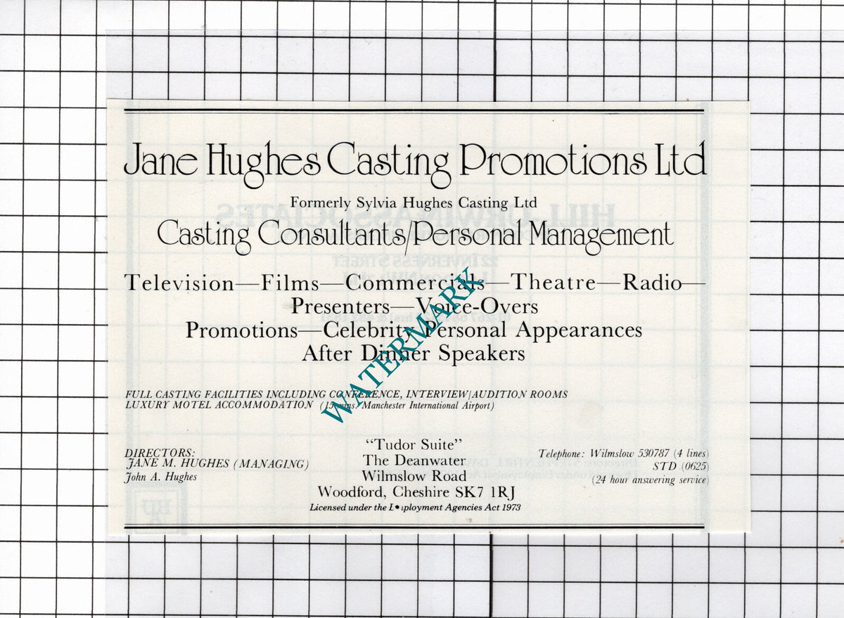 Jane Hughes Casting Promotions Ltd Woodford Cheshire - 1986 Small Advert