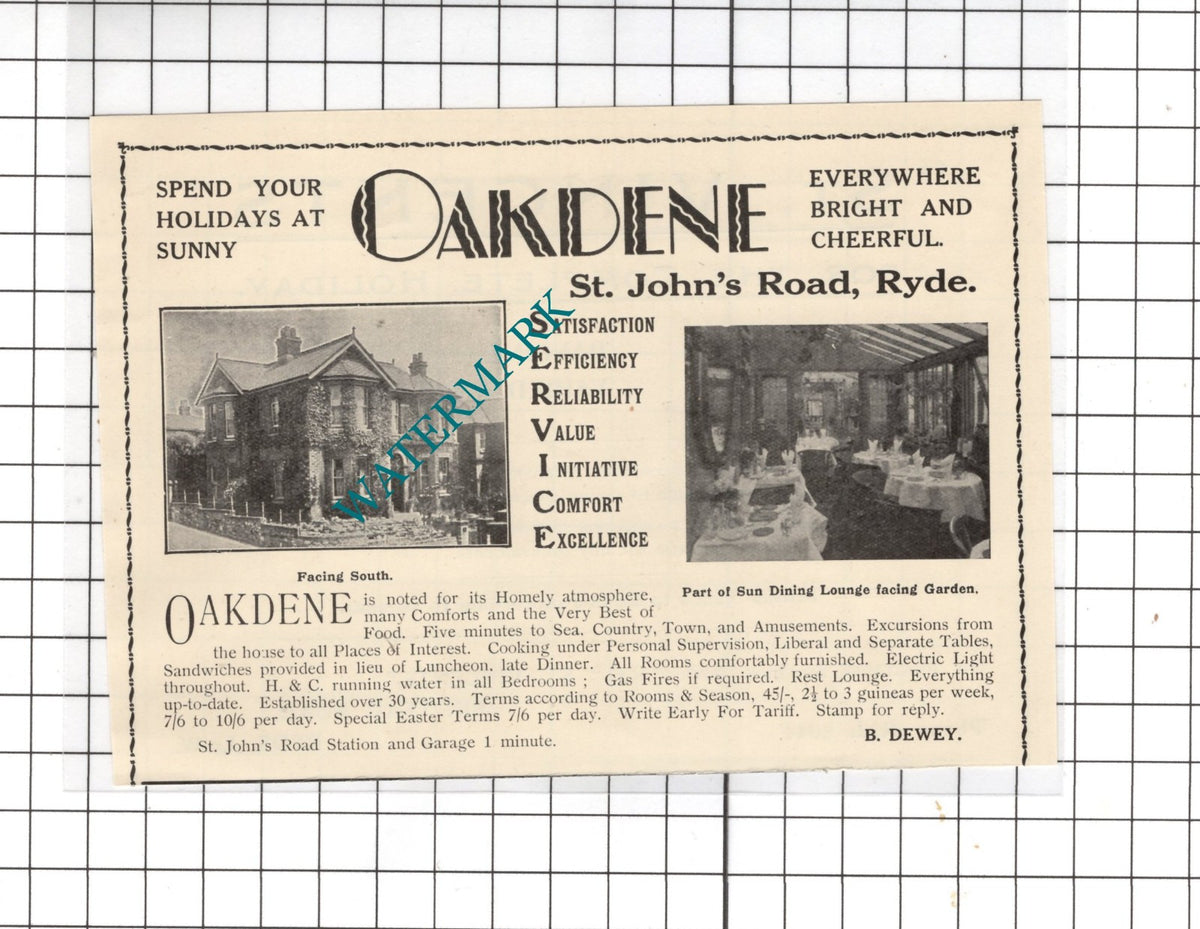 Oakdene St John's Road Ryde Isle Of Wight B Dewey - 1938 Small Advert