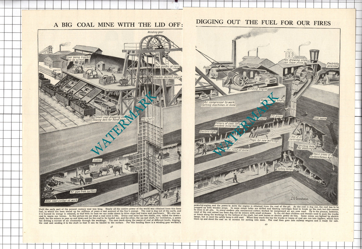 Coal Mine Diagram - c.1940's TWO-PART Cutting / Print