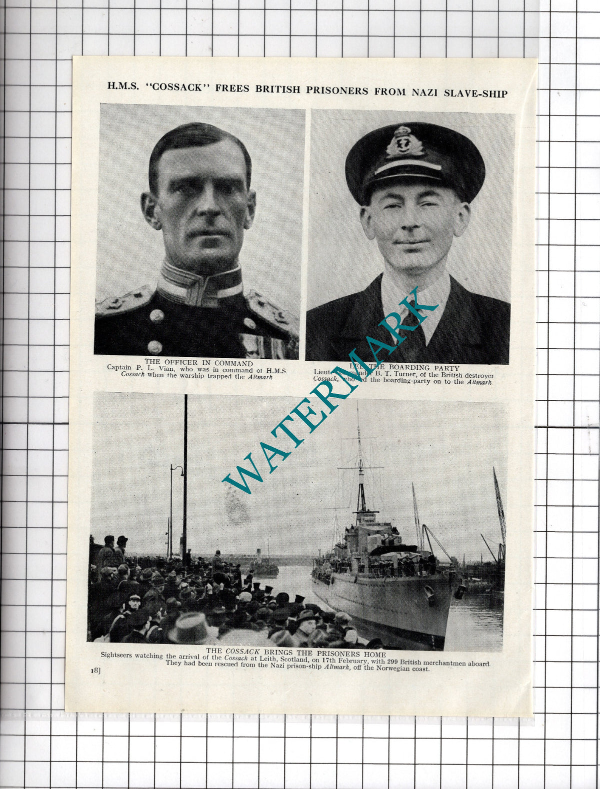 HMS Cossack Altmark Prisoners Captain Vian Lt Comm B T Turner - 1940's Cutting