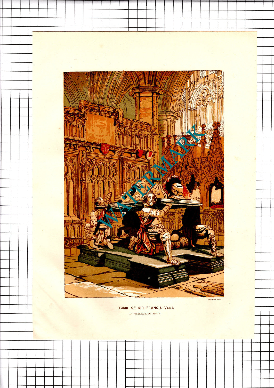 Westminster Abbey London Sir Francis Vere Tomb Print - Antique c.1860s