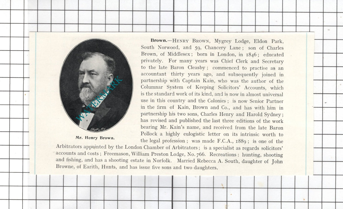Mr Henry Brown Mygrey Lodge Eldon Park South Norwood London - c.1905 Clipping