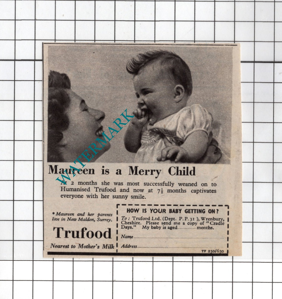 Trufood Baby Food Maureen Advert - 1948 Small ADVERT