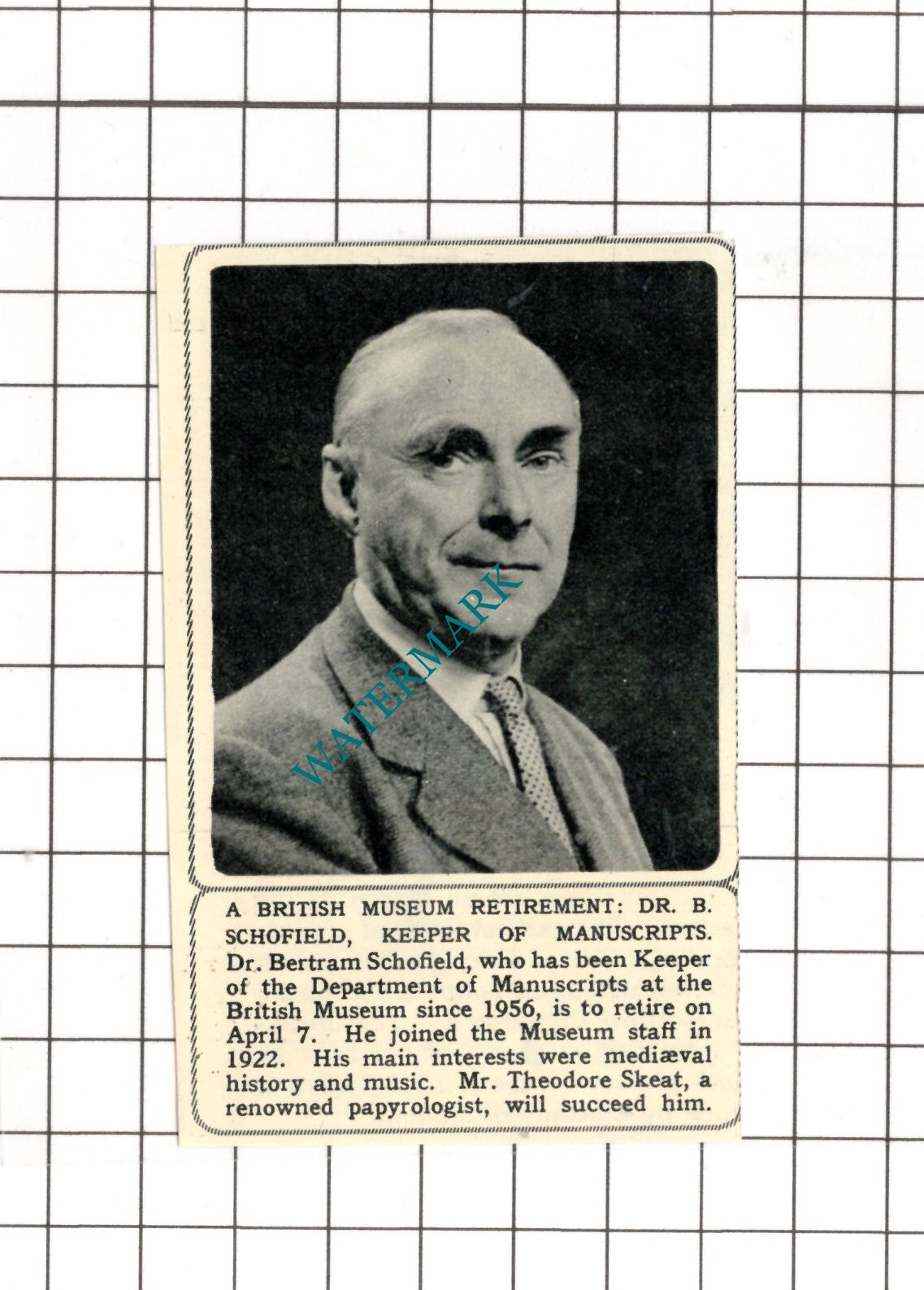 Dr Bertram Schofield British Museum - 1961 SMALL News Cutting