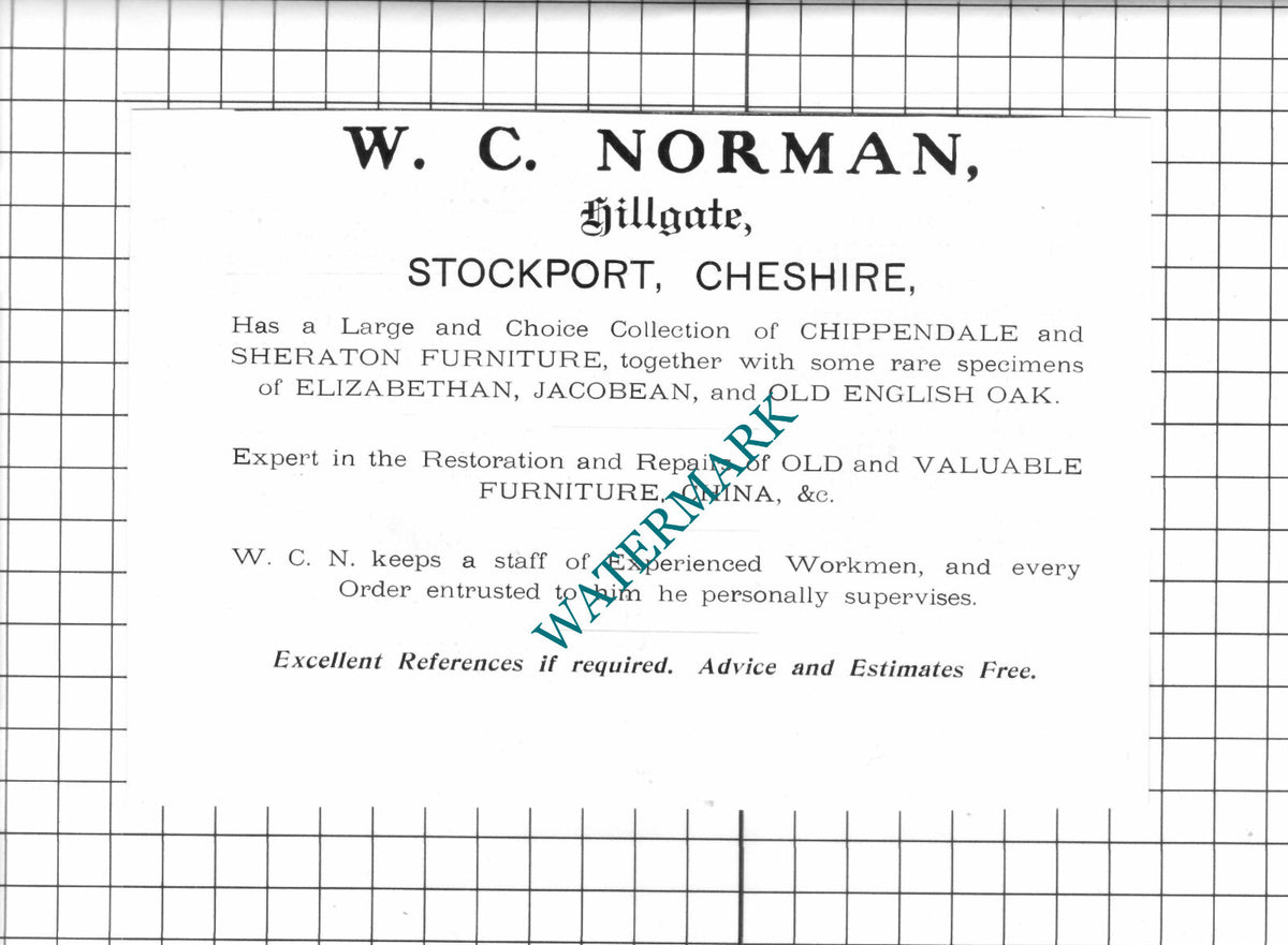 W C Norman Hillgate Stockport Cheshire Furniture Advert - 1905 Clipping/ Print