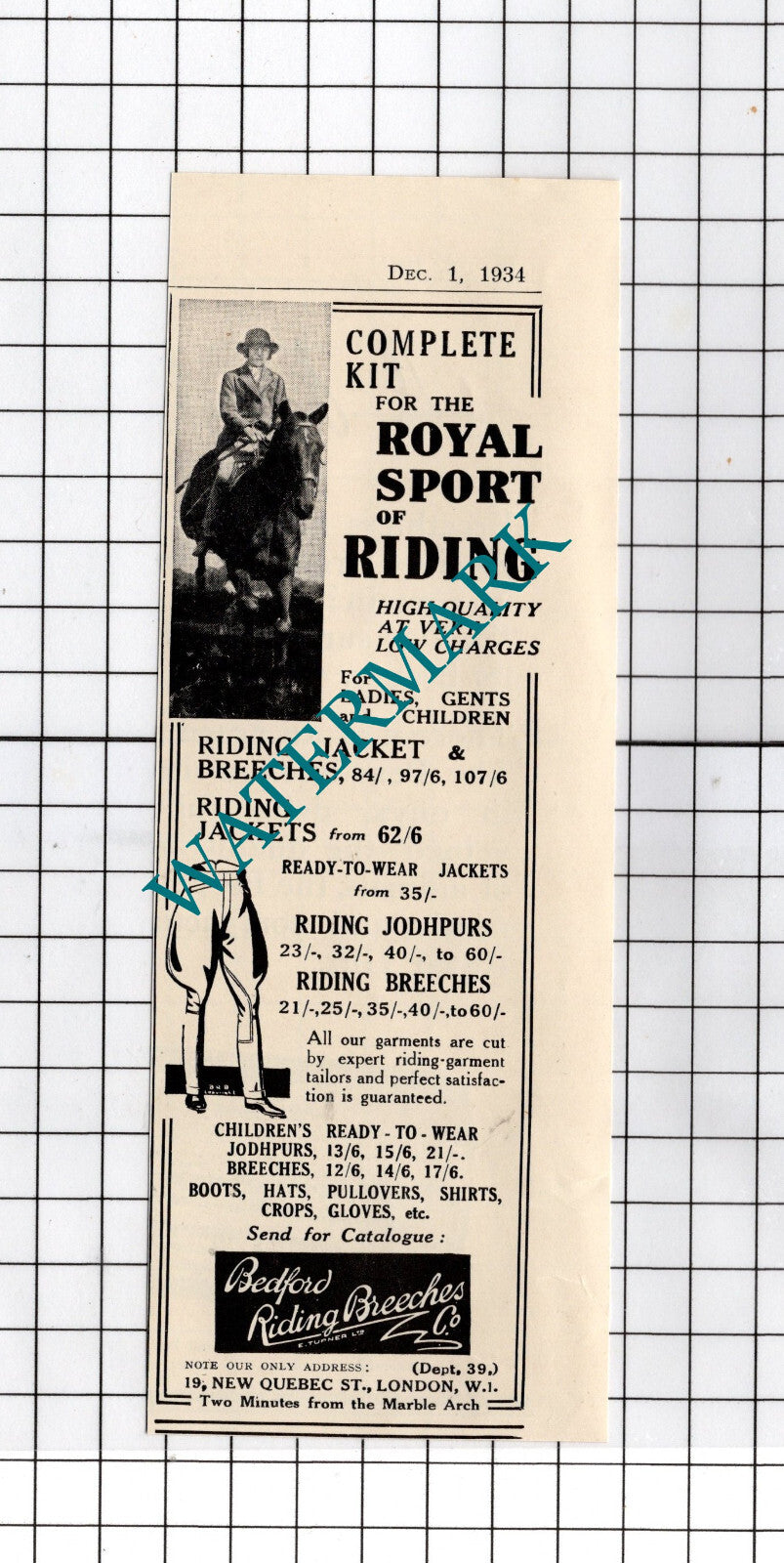 Bedford Riding Breeches Co London - 1934 Small Advert