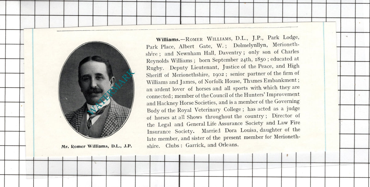 Mr Romer Williams Newnham Hall Daventry Dolmelynllyn Wales - c.1905 Clipping