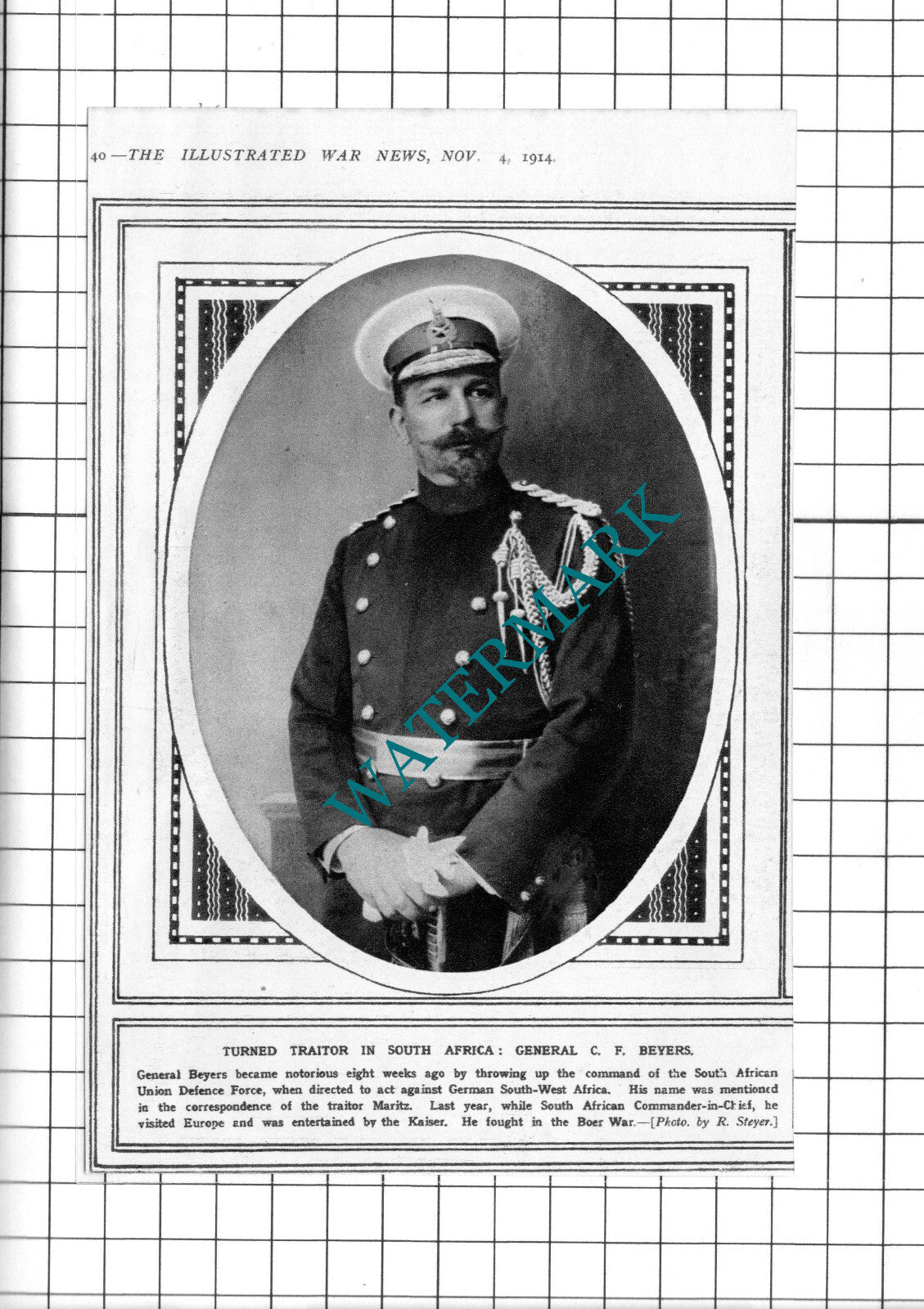 General G F Beyers WW1 - 1914 Clipping / Print