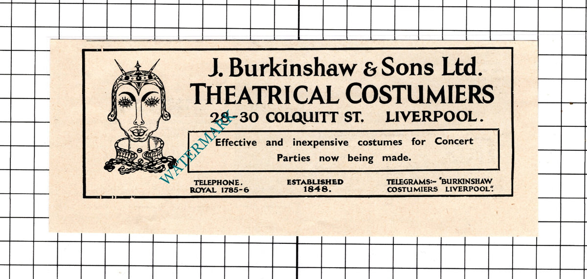 J Burkinshaw & Sons Ltd Theatrical Costumiers Liverpool Advert - 1939 Clipping