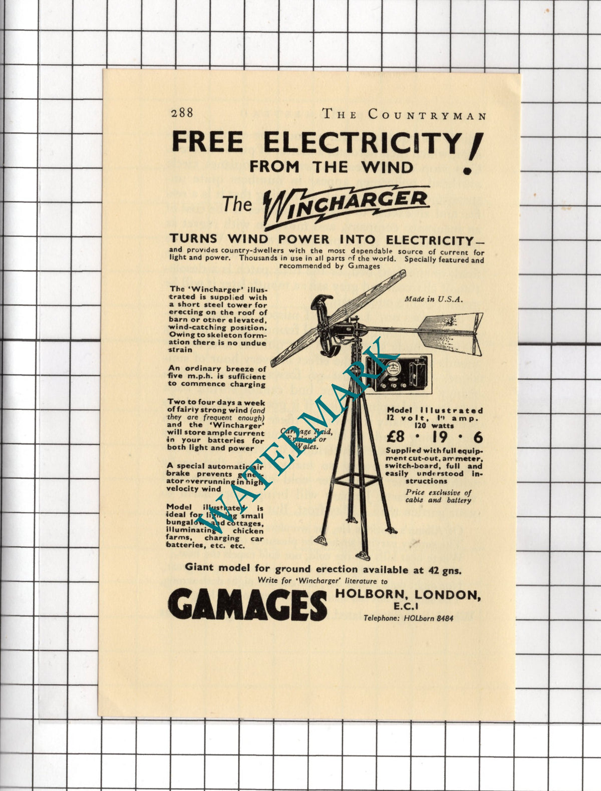 Gamages Holburn London Wincharger Wind Power Advert - 1938 Clipping