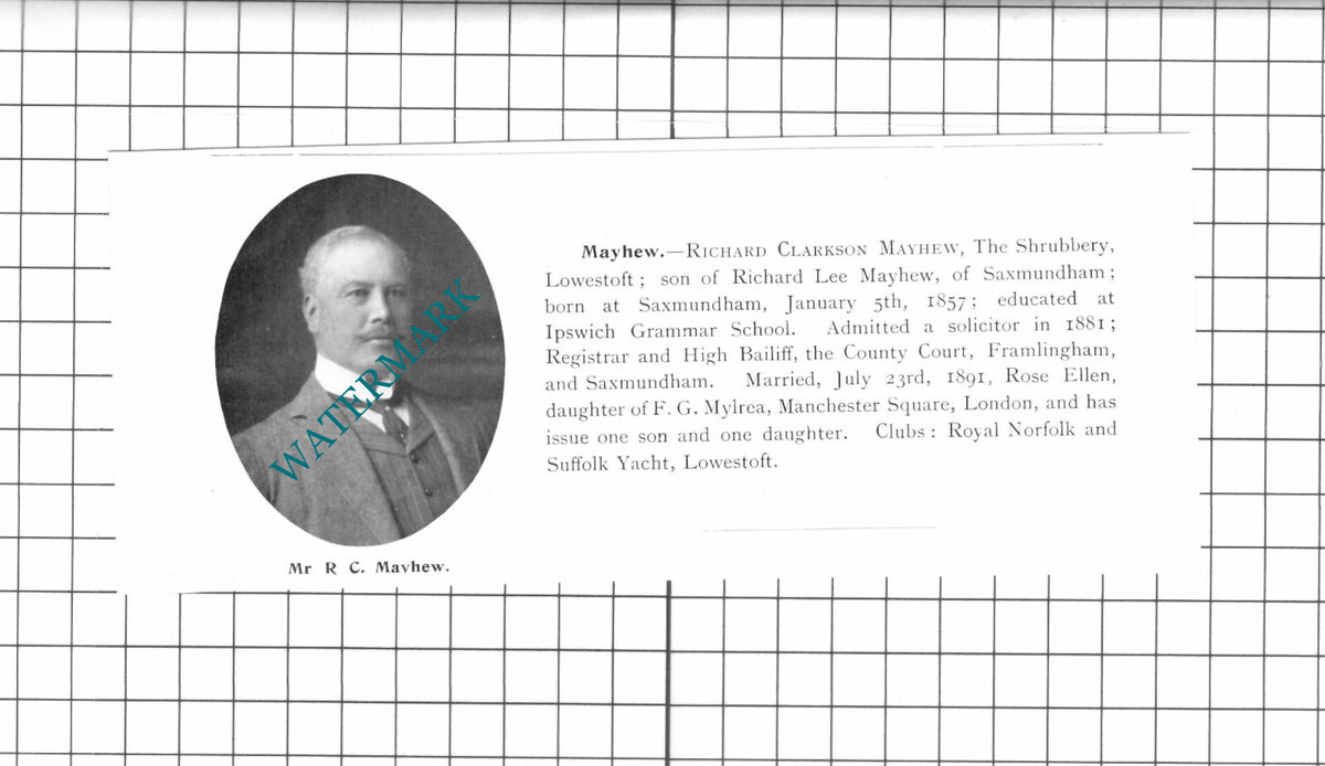 Richard Clarkson Mayhew The Shrubbery Lowestoft Suffolk - 1911 Clipping