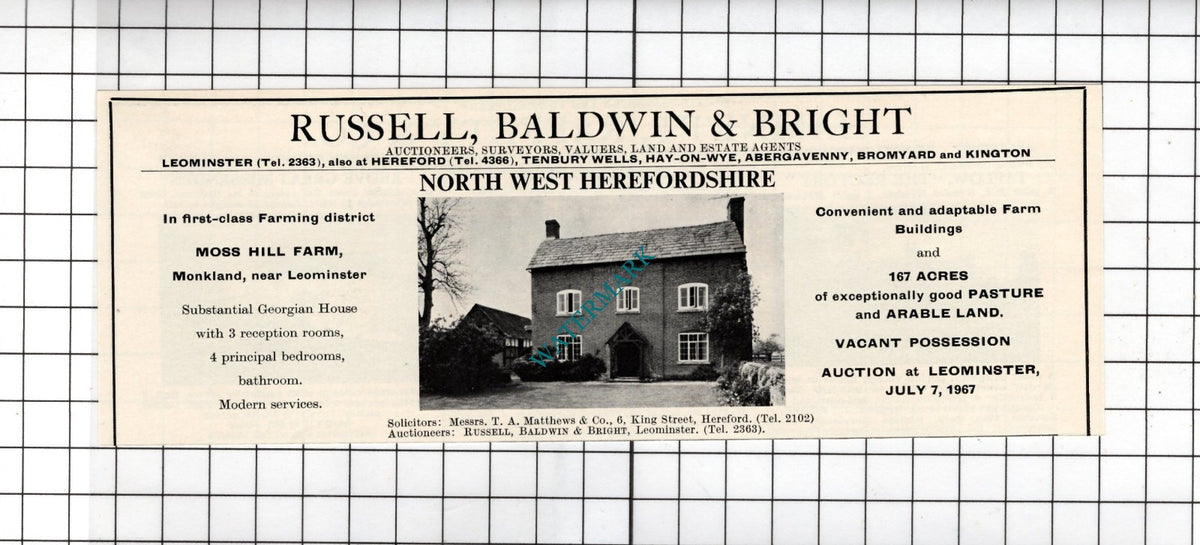 Moss Hill Farm Monkland Herefordshire House Sale Advert - 1967
